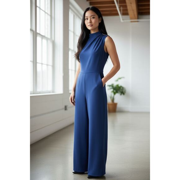 Donna Karan Mock Neck Jumpsuit Size 6 royal blue gold button detail - Picture 1 of 9